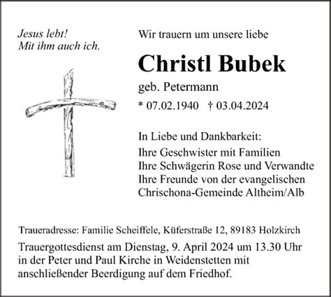 Traueranzeigen von Christi Bubek Südwest Presse Trauer