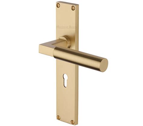 Heritage Brass Bauhaus Door Handles On 200mm Backplate Satin Brass Vt6300 Sb Sold In Pairs