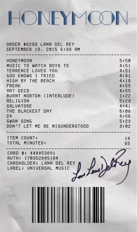 Honeymoon Album Receipt Lana Del Rey Albums Lana Del Rey Songs Lana