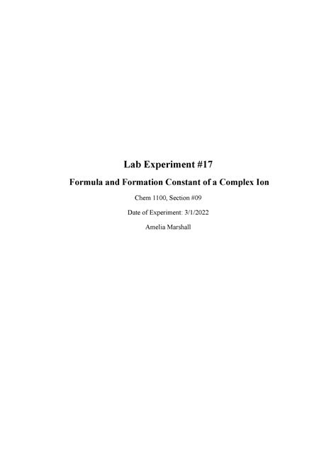 Lab Experiment 13 Lab Report Formula And Formation Constant Of A