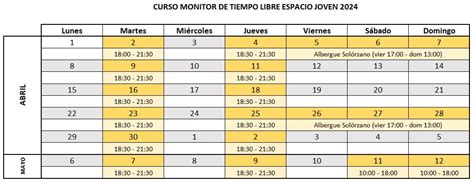 Cuadrante Horario Curso De Monitor Espacio Joven Ayuntamiento