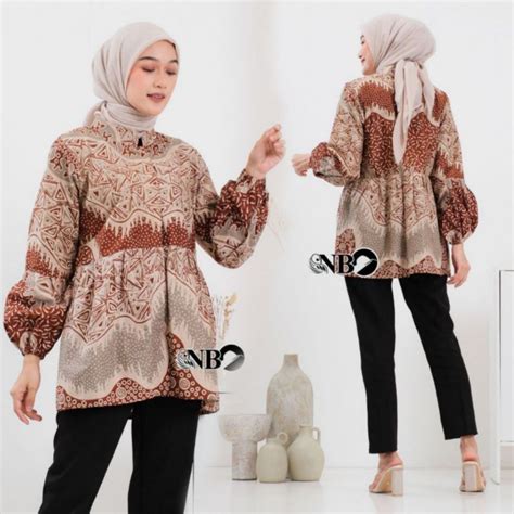 Jual Piramid Blouse Batik Kerja Kantor Wanita Lengan Balon Full Kancing