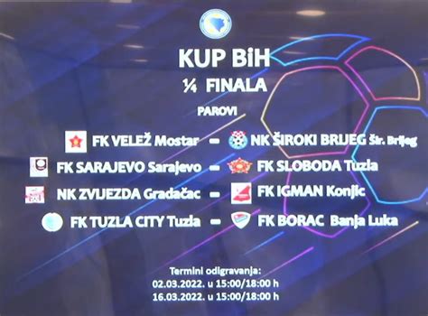 Obavljen žrijeb parova četvrtfinala Kupa BiH jedan prvoligaš