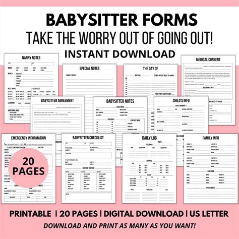 Babysitting Forms Checklist Information Sheets Planner Schedule