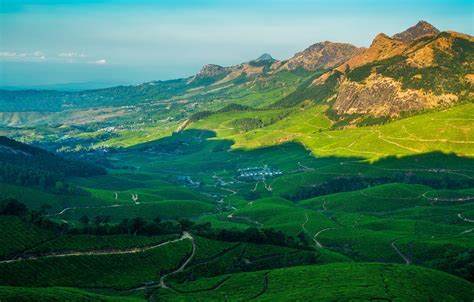 Wallpaper the sky, the sun, trees, mountains, field, valley, India ...