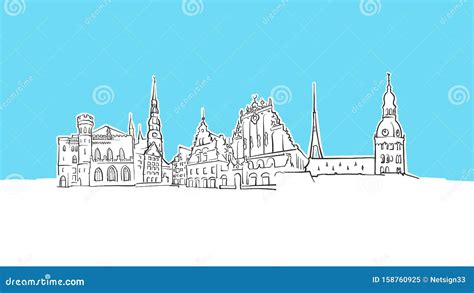 Riga Latvia Skyline Panorama Vector Sketch Stock Vector - Illustration ...