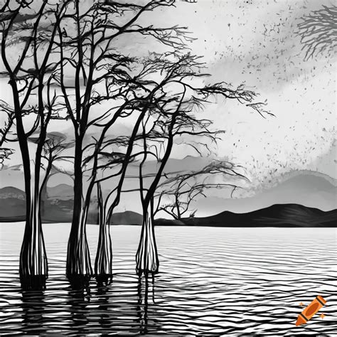 Serene Black And White Line Art Landscape With Tall Bald Cypress Trees