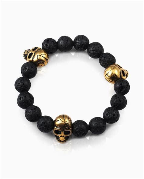 Mens Perforated Kt Gold Plated Skull Lava Stone Bead Bracelet