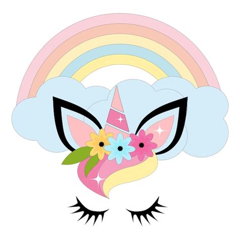 La Cara De Un Unicornio En El Fondo De Un Arco Iris Con Nubes Vector