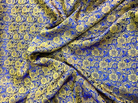 PURE MULBERRY SILK Fabric By The Yard Navy Silk With Yellow Etsy