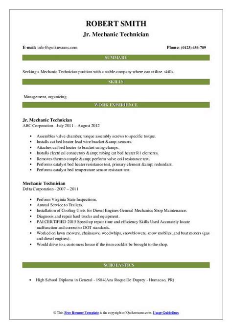 Mechanic Technician Resume Samples | QwikResume