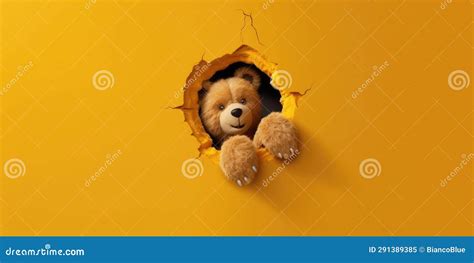 Cute Teddy Bear Peeking Out Of A Hole In Wall Torn Hole Empty Copy Space Frame Mockup