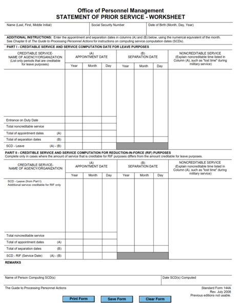 Sf A Form Statement Of Prior Service Worksheet Sf Forms