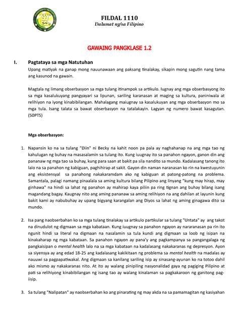 Gawaing Pangklase 1 FILDAL 1110 Dalumat Ng Sa Filipino GAWAING