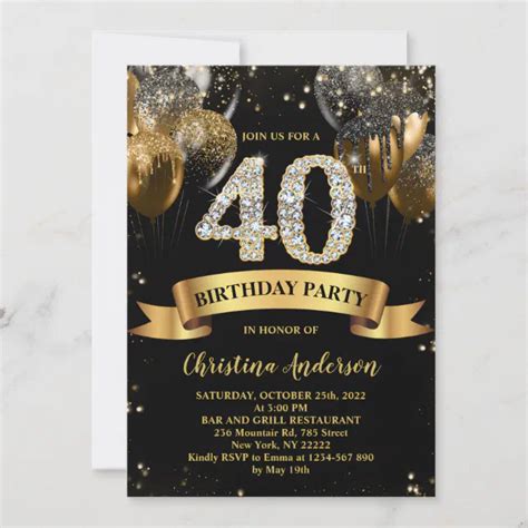 40th Birthday Black Gold Glitter Balloons Invitation Zazzle