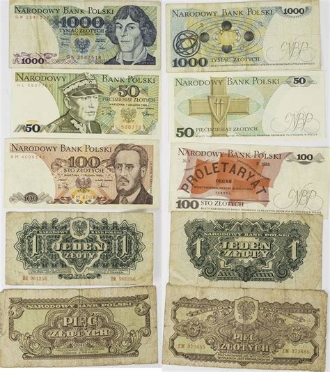 Polen 1 5 50 100 1000 Zloty 1944 1982 1988 Lot Von 5 Banknoten I