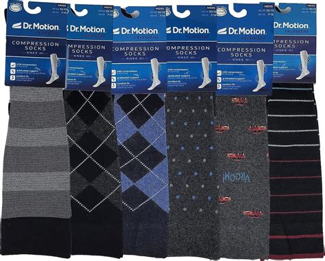 Dr Motion Men 6 Pack Compression Knee High Socks Assorted Designs