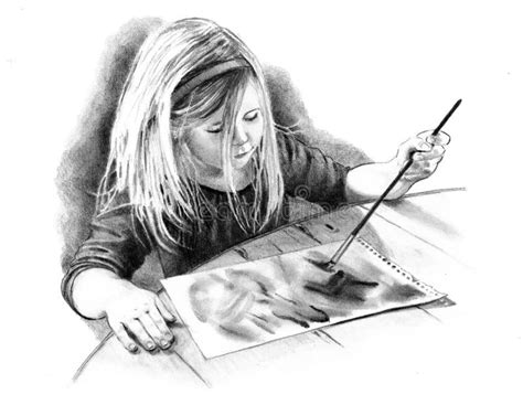 Pencil Drawing Of Little Artist Girl Stock Illustration - Illustration of artist, intent: 12712993