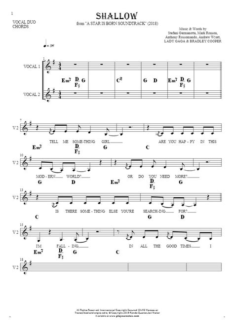 Shallow Notes Lyrics And Chords For Vocal With Accompaniment