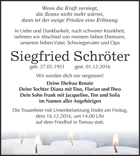 Traueranzeigen Von Siegfried Schr Ter Abschied Nehmen De