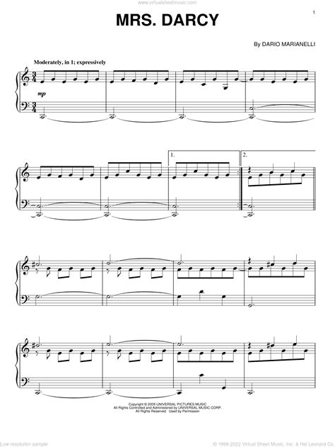 Mrs Darcy From Pride And Prejudice Intermediate Sheet Music For Piano Solo