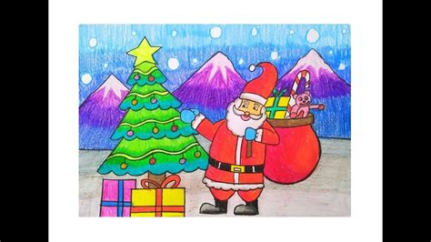 HOW TO DRAW SANTA CLAUS SCENERY DRAWING | SANTA CLAUS DRAWING WITH OIL PASTEL COLOURS | Santa ...