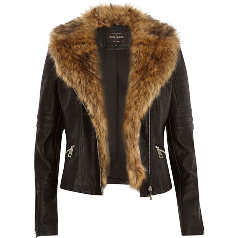 Lyst River Island Black Leather Look Faux Fur Biker Jacket In Black