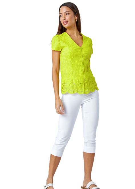 Roman Lime Cotton Embroidered V Neck Crinkle Blouse Matalan