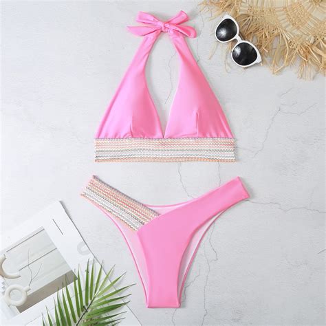 IDALL Bikini Sets Bathing Suit Swim BohoFeel Striped Tape Halter Bikini