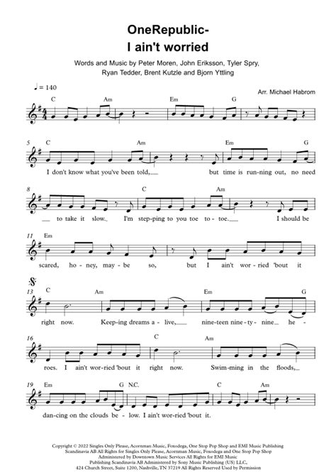 I Ain T Worried Arr Michael Habrom By OneRepublic Sheet Music For