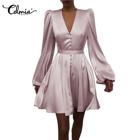 Celmia Women Satin Silk Puff Long Sleeve V Neck Elegant Mini Dress