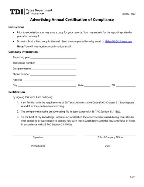 Form Lah314 Download Fillable Pdf Or Fill Online Advertising Annual Certification Of Compliance