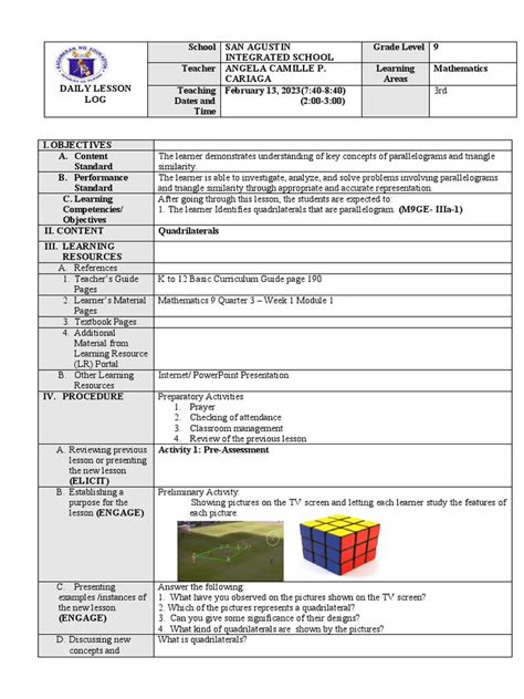 Dll Grade 9 Q3 Week 1 4 Pdf Learning Teachers