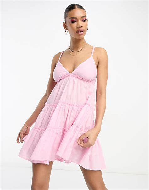 River Island Tiered Mini Beach Dress In Bright Pink Asos