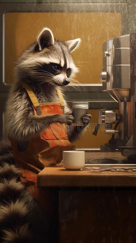 Cute Raccoon Wearing Clothes Drinking Coffee In The Pantry He Is