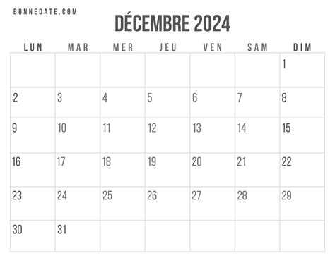 Calendrier Décembre 2024 Gratuit et facile à imprimer