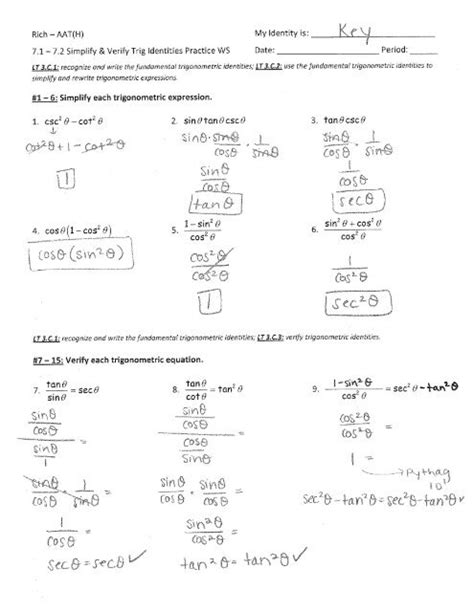 7.1 - 7.2 Simplify and Verify Trig Identities Practice - Worksheets Library