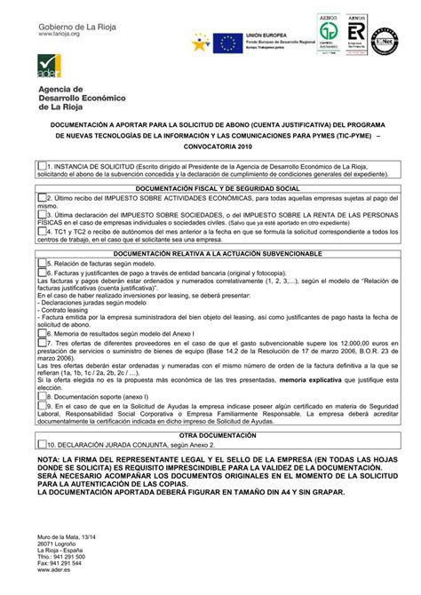 documentación a aportar para la solicitud de subvención al