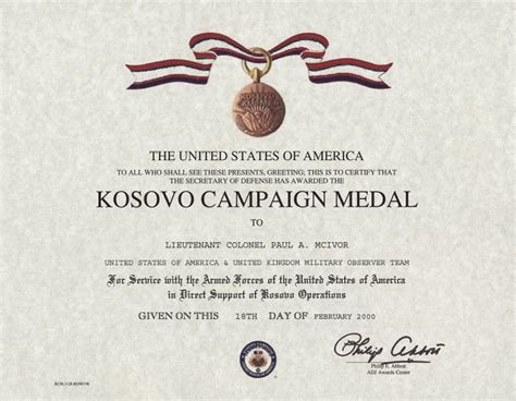 Kosovo Campaign Medal Recognition Certificate