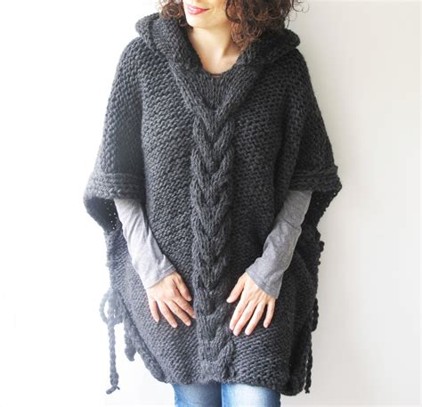 Dark Gray Plus Size Cable Knit Poncho With Hoodie By Afra Etsy Portugal