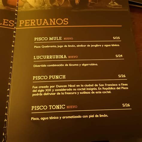 Menu at República del Pisco Lima restaurant Miraflores