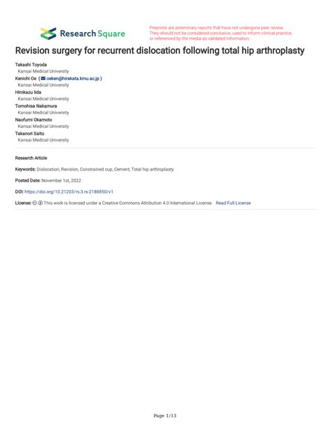 Pdf Revision Surgery For Recurrent Dislocation Following Total Hip Arthroplasty