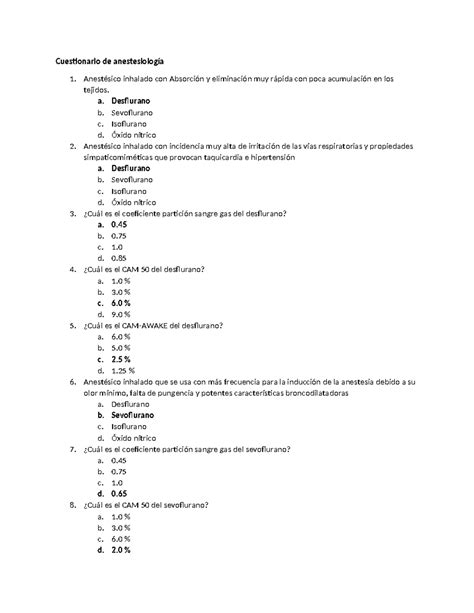 Cuestionario De Anestesiolog A Anest Sico Inhalado Con Absorci N Y