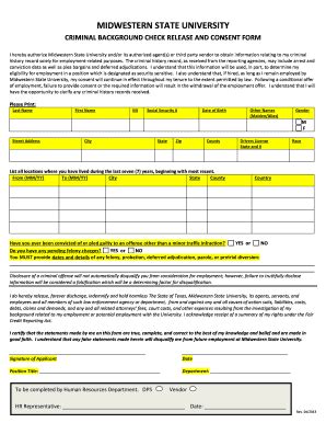 Fillable Online Mwsu CRIMINAL BACKGROUND CHECK RELEASE AND CONSENT FORM