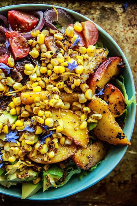 Romaine Salad With Chicken Bacon And Fried Peaches And Corn With Honey