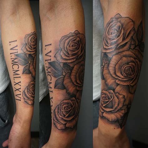 Floral Rose Tattoo With Roman Numerals Tattoos Rose Tattoo Bear Tattoo