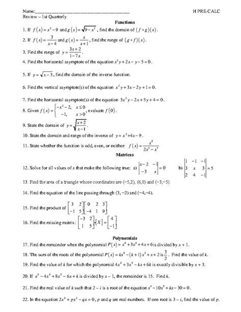 Quarter Review For H Pre Calc Name