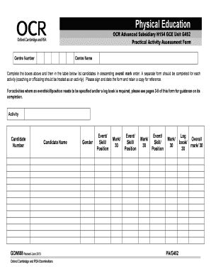 Fillable Online Ocr Org Non Exam Assessment Centre Marks Form