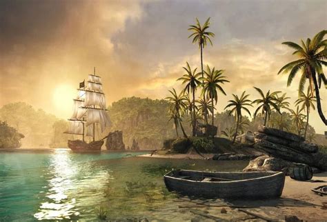 Summer Beach Island Pirate Ship Backdrop Ocean Seascape Palm Trees