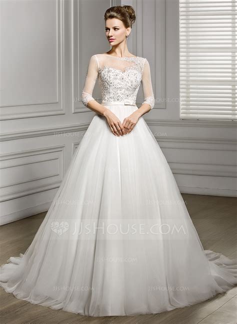 A Line Princess Scoop Neck Court Train Tulle Wedding Dress With Beading